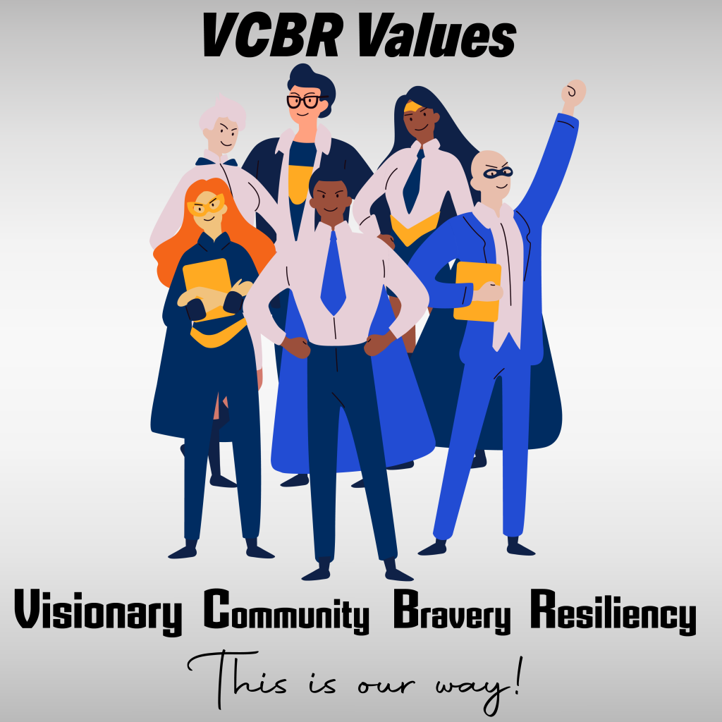 Image of super hero employees (VCBR Staff) standing for the values held at the facility